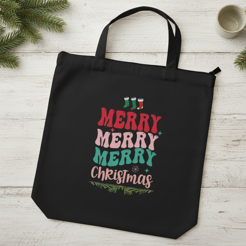 Stylish Christmas Tote Bag  Zipper| Merry Cheymas Design | Cotton Canvas Bag