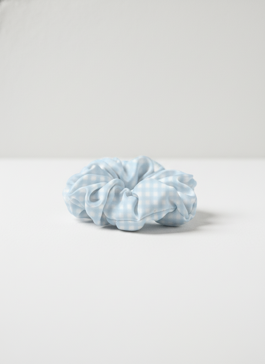 Printed Satin Scrunchies for Girls & Women | Soft Poly Spandex Hair Scrunchie (Light Blue Checks)