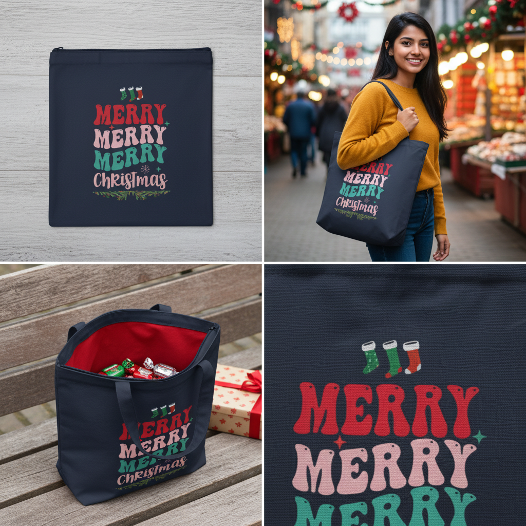 Stylish Christmas Tote Bag  Zipper| Merry Cheymas Design | Cotton Canvas Bag
