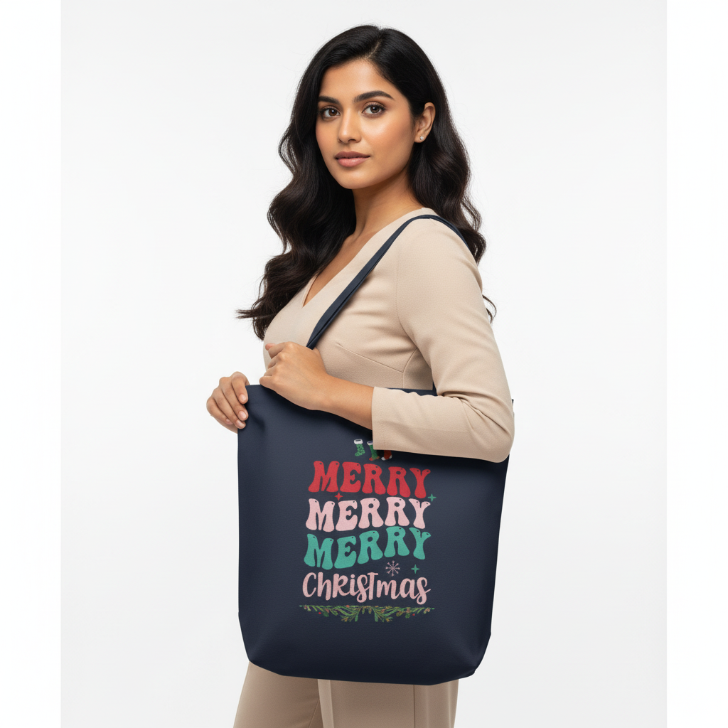 Stylish Christmas Tote Bag  Zipper| Merry Cheymas Design | Cotton Canvas Bag