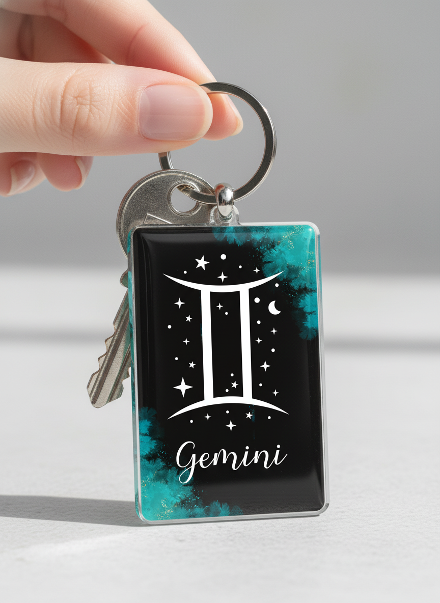 Gemini Zodiac Acrylic Keychain – Celestial Star Sign Design